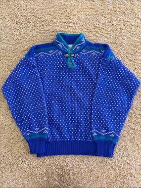 Vintage Alps Nordic / Fair Isle Knit Mock-Neck Sweater in Royal Blue, Womens L